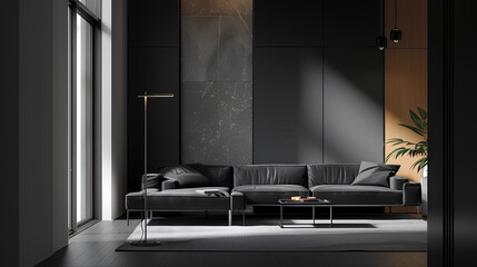 modern living room with aesthetic black tones