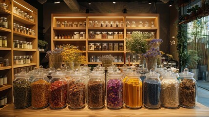 A well-organized herbal apothecary shop with glass jars containing vibrant dried herbs, spices, and flowers, displayed under warm ambient lighting.