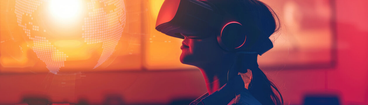 VR training simulation for professional skills development close up, education theme, ethereal, silhouette, classroom backdrop