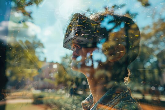 AR gaming with interactive characters in real-world settings focus on, adventure theme, surreal, double exposure, park backdrop