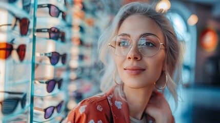 A beautiful blonde woman tries on glasses, standing in front of a display of various eyeglass frames. In the optometry shop, a lady explores the eyewear options, a blend of fashion and clarity