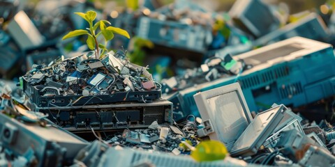 Landfill of computers and computer equipment. Recycling old technology.