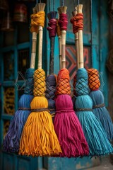 Colorful handmade brooms with vibrant handles hanging in a traditional market, creating a lively and cultural ambiance.