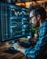 Focused man analyzing financial data on a computer monitor with stock market charts and graphs in a modern office setting.