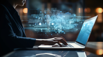Woman touching search bar on virtual screen, working on laptop computer searching the information, natural light day