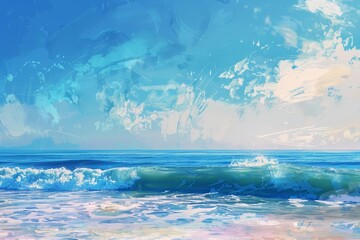 A serene blue sky merges with abstract ocean waves in a digital art composition, featuring pastel brushstrokes perfect for a spring travel banner