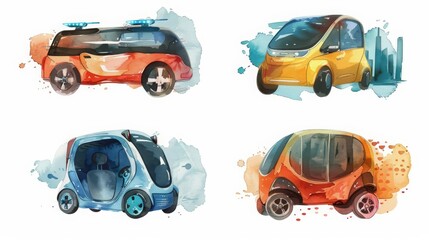 Fototapeta premium A set of water color of autonomous vehicles navigating cityscapes, revolutionizing urban transport, Clipart isolated concept minimal with white background