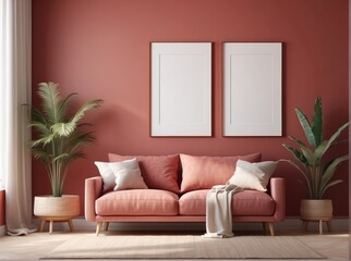 mock up frame in home interior background, Soft Red room with minimal decor