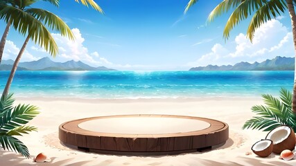 Obraz premium A round empty wooden platform with shells, palm leaves, ocean and sand on the background, product display