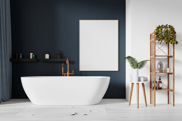 Modern bathroom with blank poster, freestanding tub, and wooden shelves on dark textured background, interior design concept. 3D Rendering.