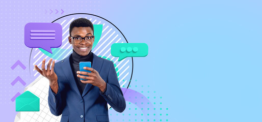 African businessman using smartphone, colorful speech bubbles and copy space