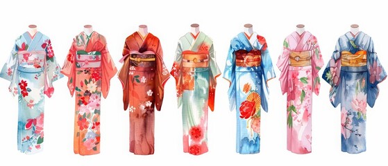 A set of watercolor of traditional Japanese kimonos, each pattern a story of heritage and craftsmanship, Clipart isolated minimal with white background