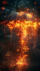 Surreal image of an umbrella engulfed in flames amidst rain, blending elements of fire and water for a striking visual contrast.