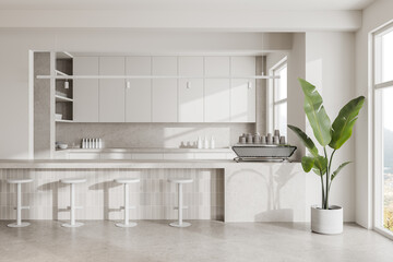 Modern kitchen interior with minimalist white cabinets and bar stools, large windows and a potted...