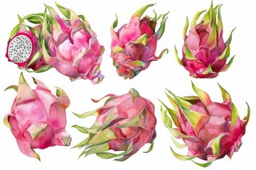 A set of watercolor of exotic dragon fruits, their vivid hues igniting culinary inspiration, Clipart isolated minimal with white background