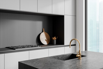 Fototapeta premium Modern home kitchen interior with bar island and sink, panoramic window
