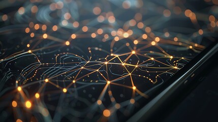 A close-up of a digital tablet showing an intricate neural network diagram against a dark grey background. 8k, realistic, full ultra HD, high resolution and cinematic photography