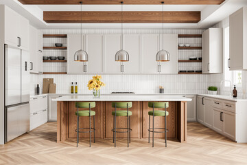 Cozy home kitchen interior with bar island and cooking cabinet in apartment