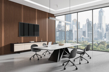 Modern office interior with negotiation table and chairs, tv display and window