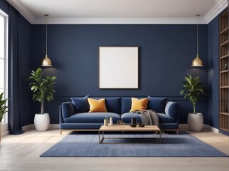 blank mock up frame in home interior background, Navy Blue room with minimal decor
