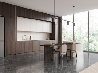 Wooden home kitchen interior cooking cabinet and bar island, panoramic window