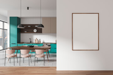 Colored kitchen interior with eating and cooking space, window. Mockup frame