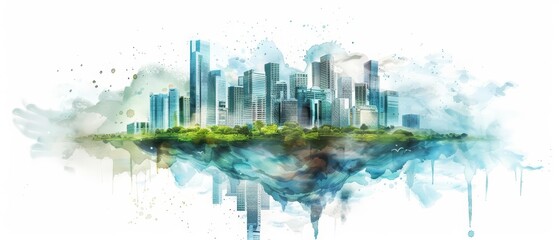 Fototapeta premium A watercolor of a futuristic cityscape where buildings morph dynamically with the weather, situated on a floating island that travels across the globe, Clipart isolated on white