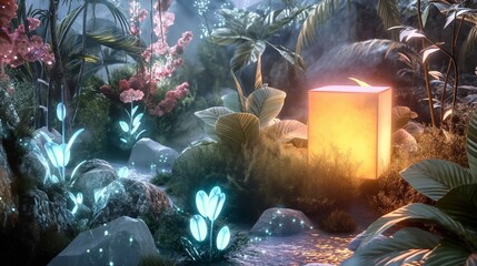 A glowing box nestled among bioluminescent plants in a futuristic garden, its ethereal light illuminating the surrounding flora in a mystical display. 32k, full ultra HD, high resolution