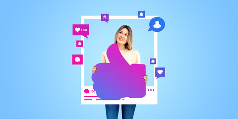 Young smiling woman photo posted on social media, comments and likes