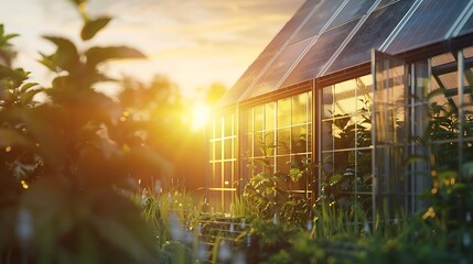 A contemporary greenhouse with advanced solar panels on the roof, basking in the morning light. 8k, realistic, full ultra HD, high resolution and cinematic photography