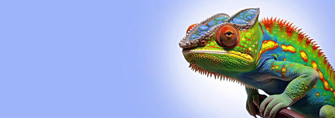 Obraz premium Colorful chameleon on blue background, panoramic layout. Generative Ai