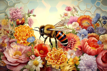 Bee on colorful flowers. Generative Ai