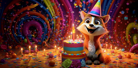 Fototapeta premium Funny cartoon fox with birthday cake and confetti, panoramic layout. Generative Ai