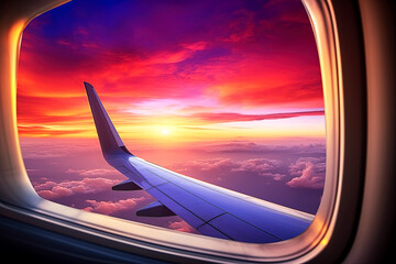 View from the airplane window on the wing of the plane at sunset. Generative Ai
