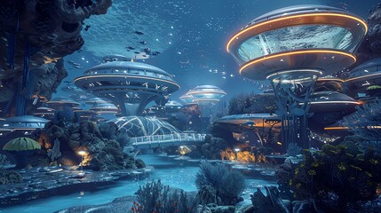 Craft a visually striking composition showcasing the harmonious coexistence of advanced futuristic elements and the serenity of the underwater realm Enhance the surreal ambiance th