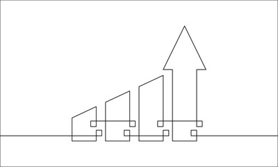 Continuous one line drawing of graph. Illustration vector of arrow up. Single line art of increasing arrow. Business growth, bar chart, flat icon, sign symbol