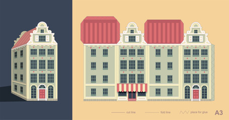 Laser cutting Amsterdam style house. Stylized facades of old building. Paper carving vector template