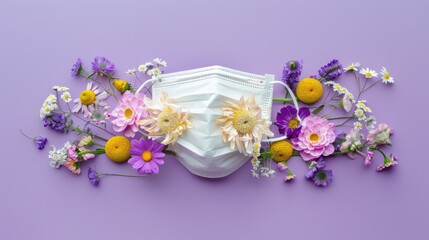 A medical mask decorated with spring flowers, with a place for text. Seasonal allergic diseases, asthma.