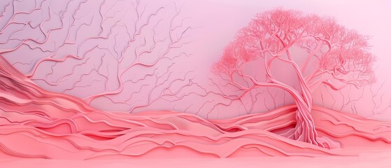 Paper art and craft style of an ancient tree with sprawling branches, set against a solid color background, crafted in minimal styles and functioning as a synthwave color