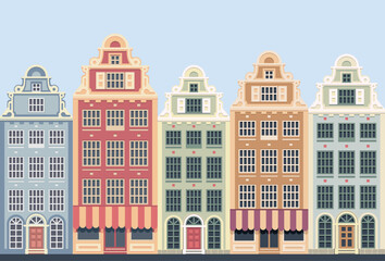 Fototapeta premium Amsterdam style houses. Silhouette of a row of typical Dutch canal view at Netherlands.