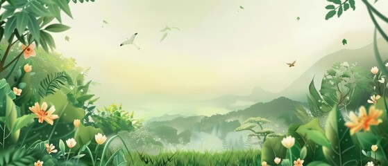 Thai art design captures the spirit of World Environment Day with innovative machines integrated into traditional scenes, set on a banner template sharpen with copy space