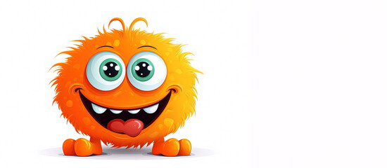 Fototapeta premium Funny orange cartoon monster on white background, panoramic layout. Generative Ai