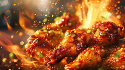 The fiery energy of a spicy chicken wings platter is captured in a dynamic layout, perfect for a sports bar menus vibrant advertisement