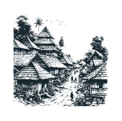 The village settlement. Black white vector illustration.