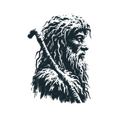The old hiker. Black white vector illustration.