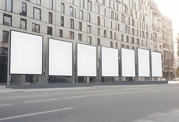 Obraz premium A row of empty billboards on the facade of a modern building, mockup concept, set on a city street backdrop. Mockup Wall