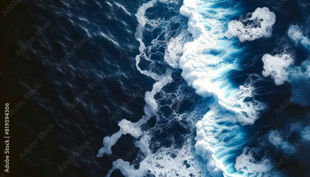 Poster abstract ocean waves meeting a foamy structure, digital art on a dark background, concept of nature'
