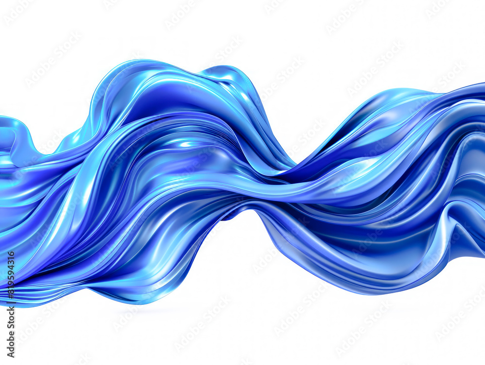 Poster fluid blue satin waves on a white background, conveying a concept of smoothness and flow. generative