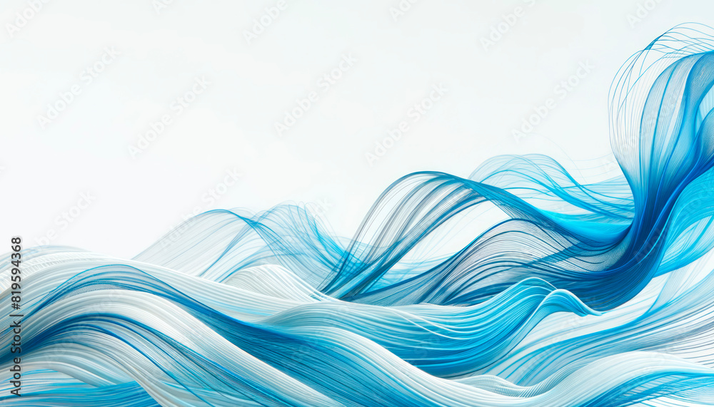 Poster abstract blue wavy lines on a white background, illustrating a concept of flow and creativity. gener