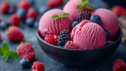 Homemade berry ice cream in a black bowl on the table